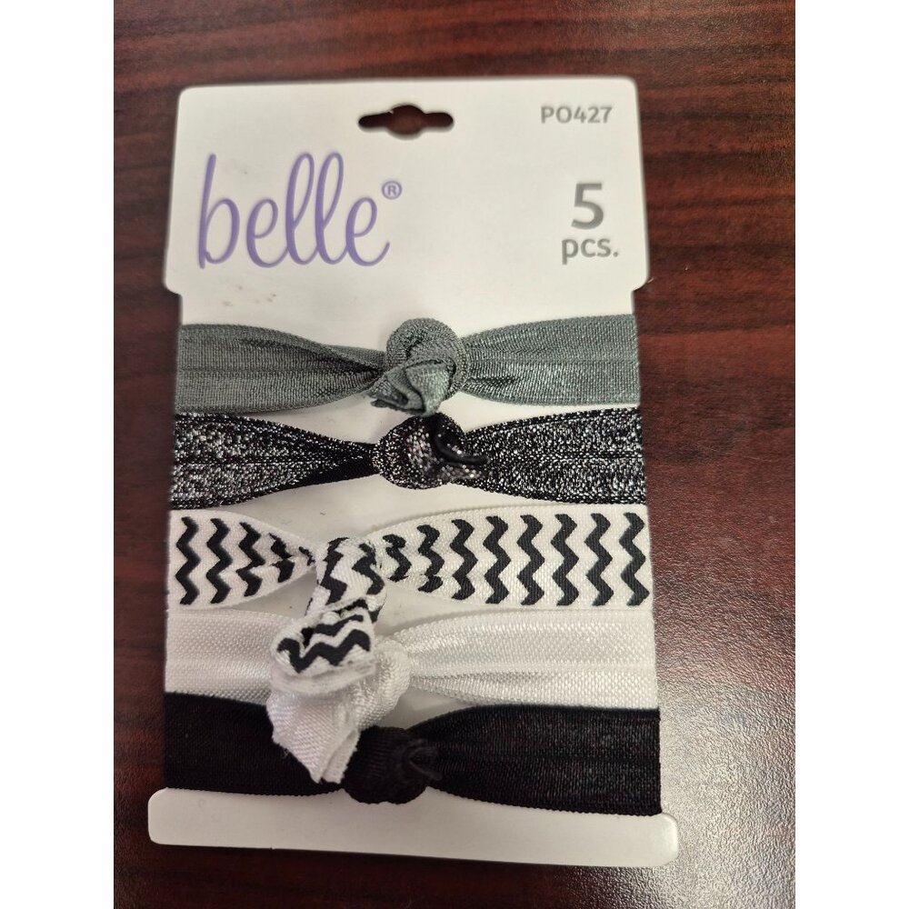 Belle Elastic Hair Ties 5-Piece Set In Black White & Gray Chevron Patterns